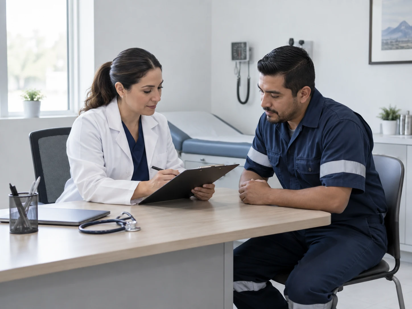 Escena ilustrativa de consulta médica ocupacional con un trabajador.