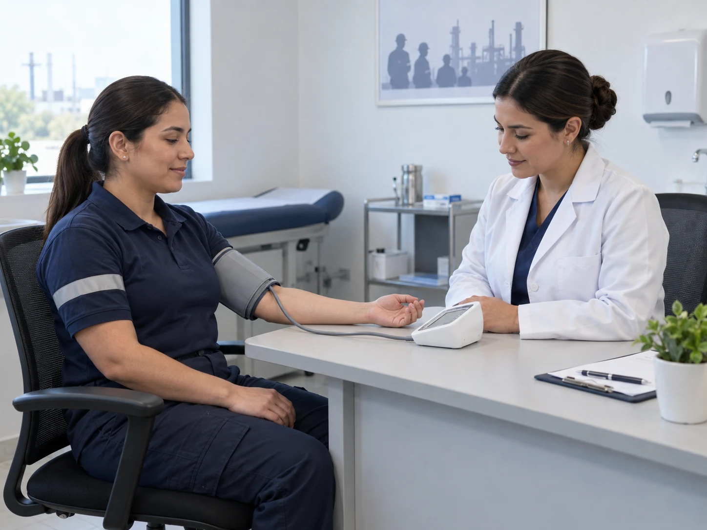 Escena ilustrativa de toma de presión arterial durante una evaluación ocupacional.